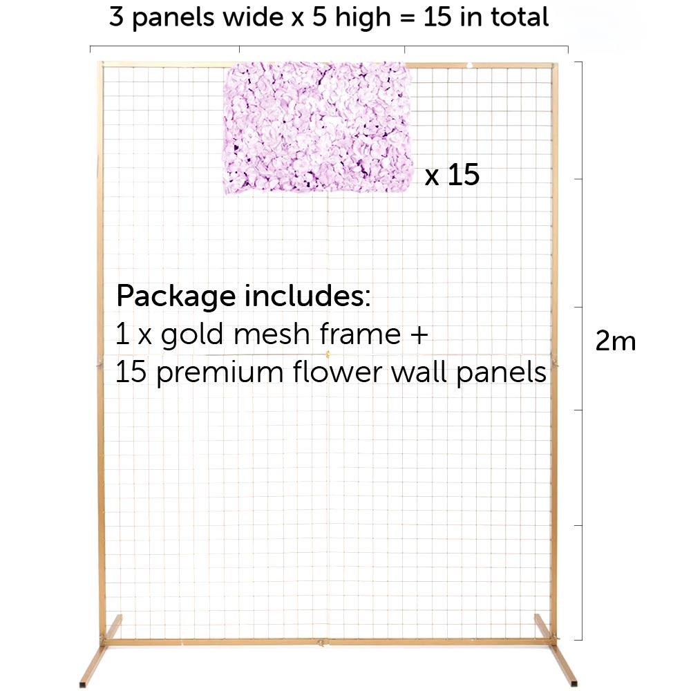 glod mesh frame with 1 flower panel to show for to assemble, 3 panels wide by 5 high