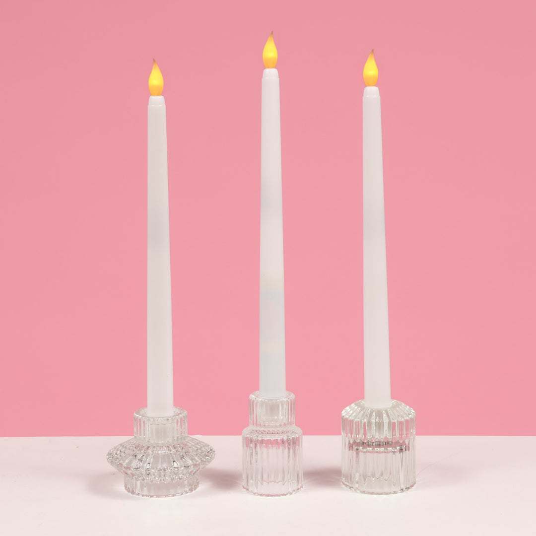 LED Flameless Taper Candle - White example with various candle holders