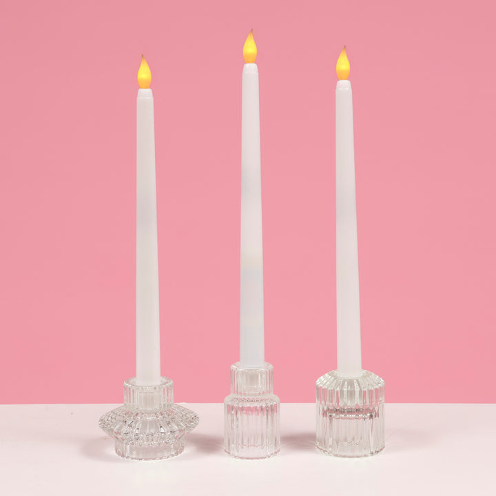 LED Flameless Taper Candle - White example with various candle holders