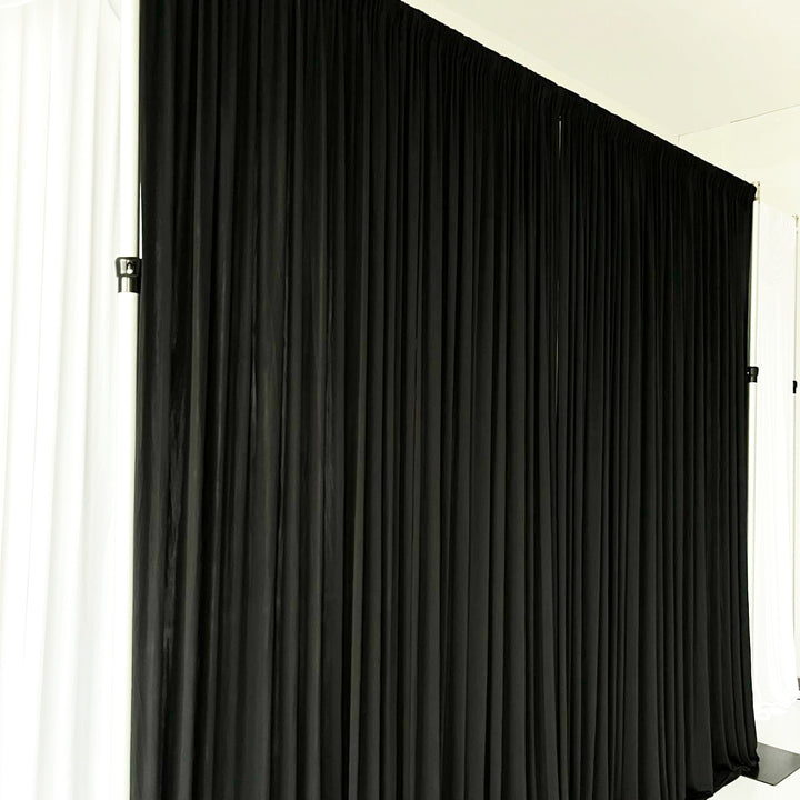 Lycra Backdrop Convertible Panels 1.6x3m - Black, three panels gathered to create 3x3m backdrop