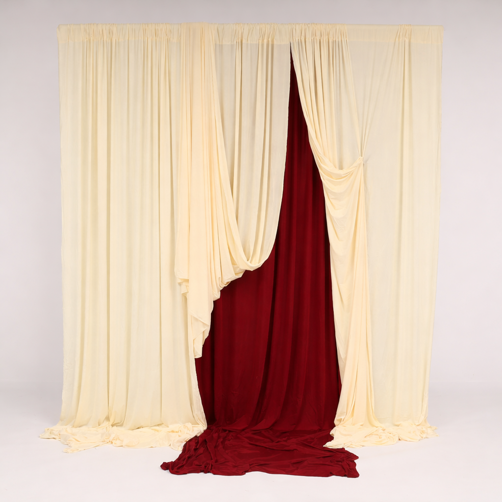 Ivory backdrop panels with Wine Red panel set up on second crossbar behind creating a layered backdrop effect