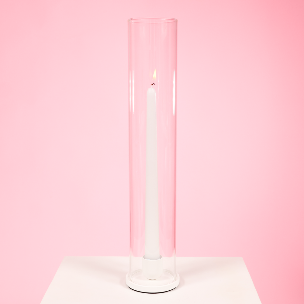 Metal Taper Candle Holder - Large - White with glass sleeve and taper candle