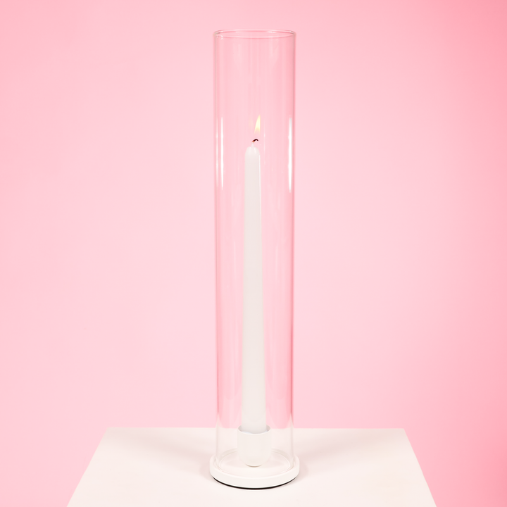 Metal Taper Candle Holder - Large - White with glass sleeve and taper candle