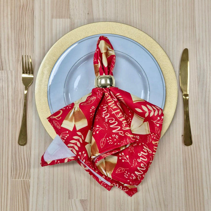 Christmas Cloth Napkins - Merry Christmas Gold Bows on Red (50x50cm)