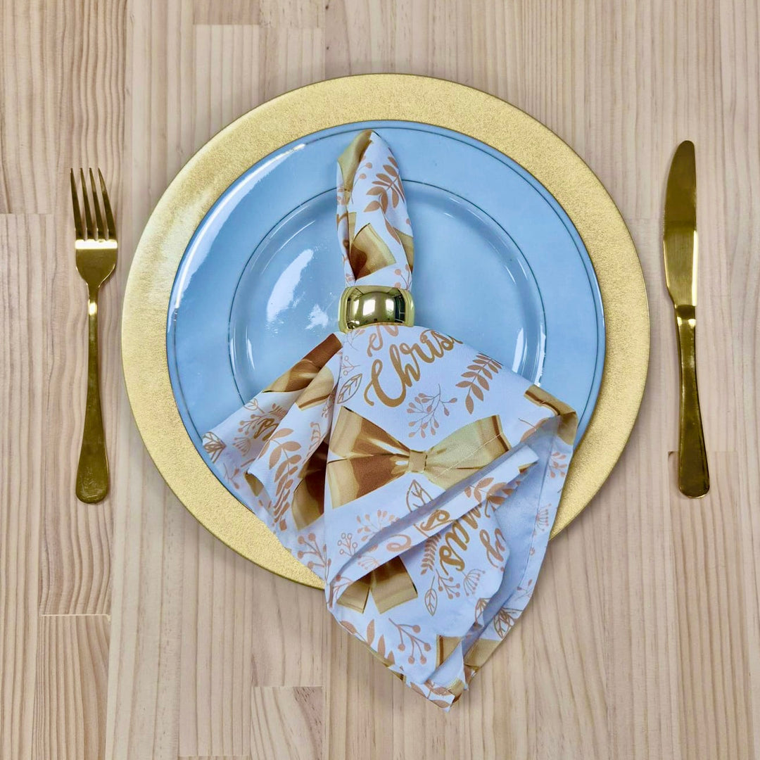 Christmas Cloth Napkins - Merry Christmas Gold Bows on White (50x50cm)