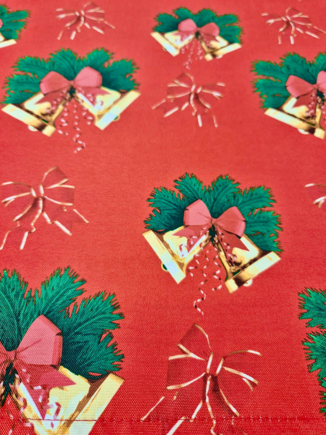 Christmas Cloth Napkins - Christmas Bells on Red  (50x50cm) close up