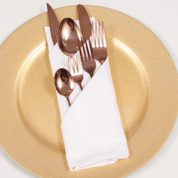 Cotton Napkins - White (50x50cm) with rose gold cutlery on a sparkly gold charger plate
