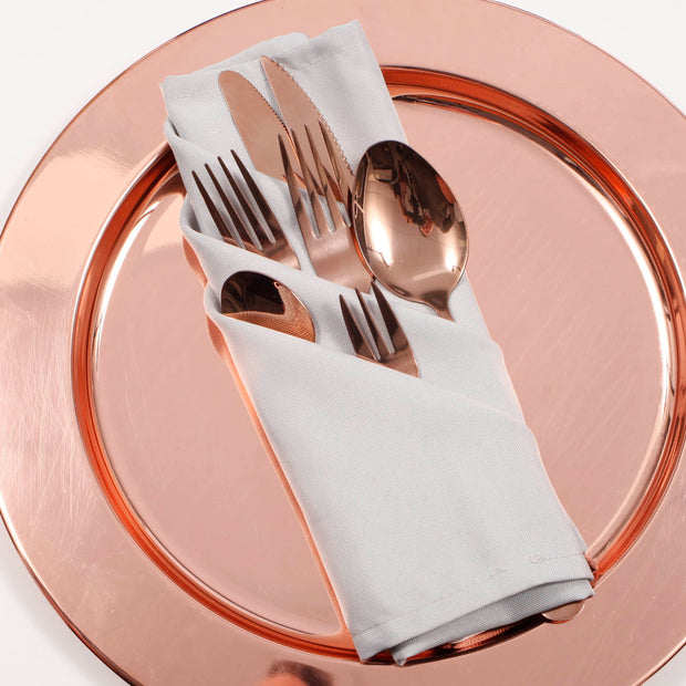 Cloth Napkins - Silver (50x50cm) with rose gold cutlery on a rose gold charger plate