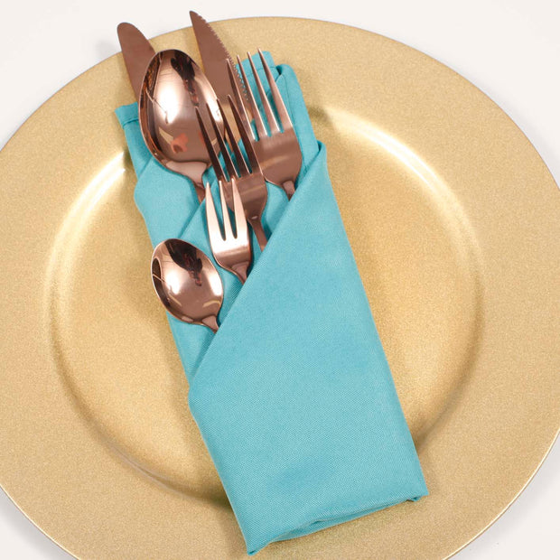 Cloth Napkins - Turquoise (50x50cm) with rose gold cutlery on sparkly gold charger plate
