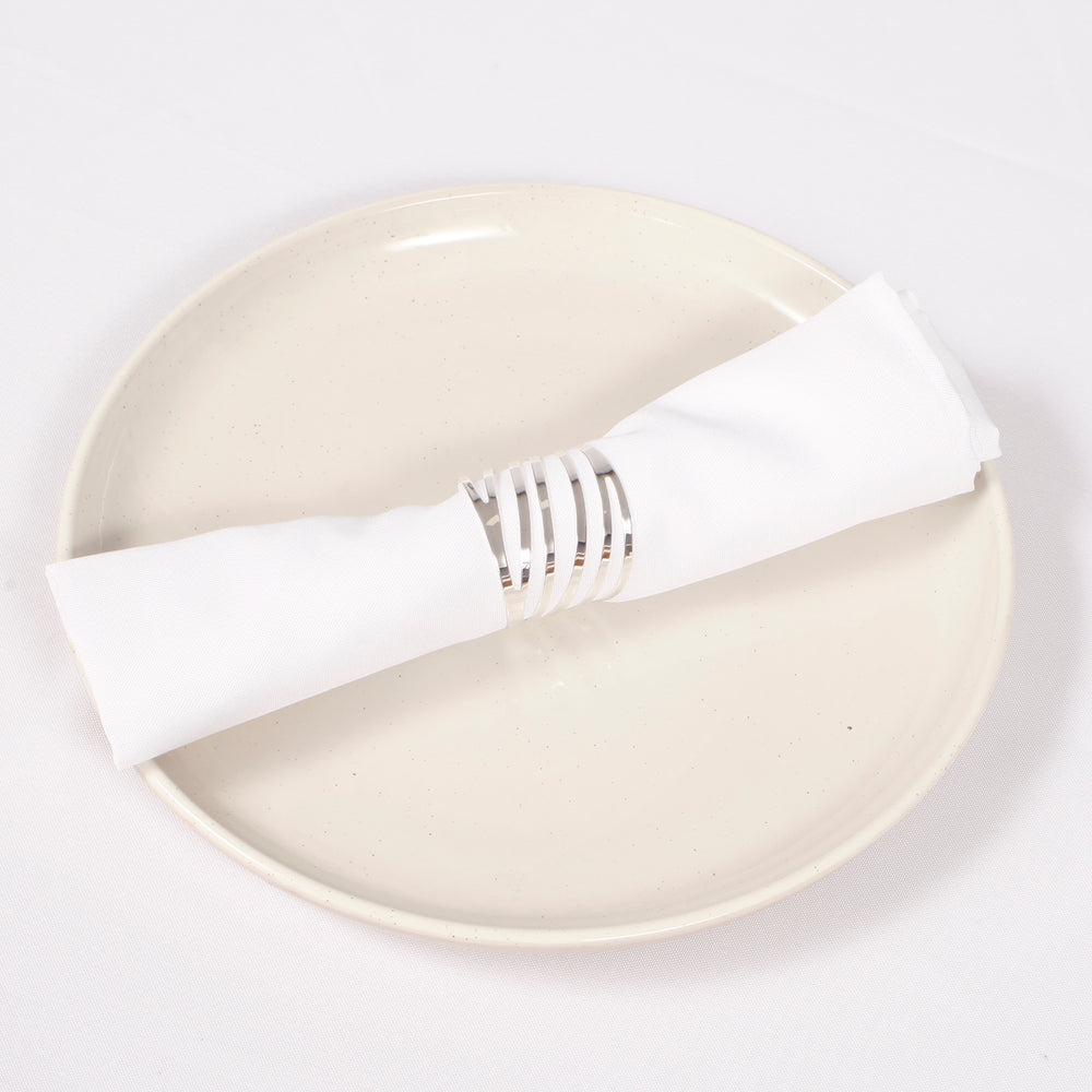 Silver Napkin Ring - Modern Linear Cut Out with napkin on a plate