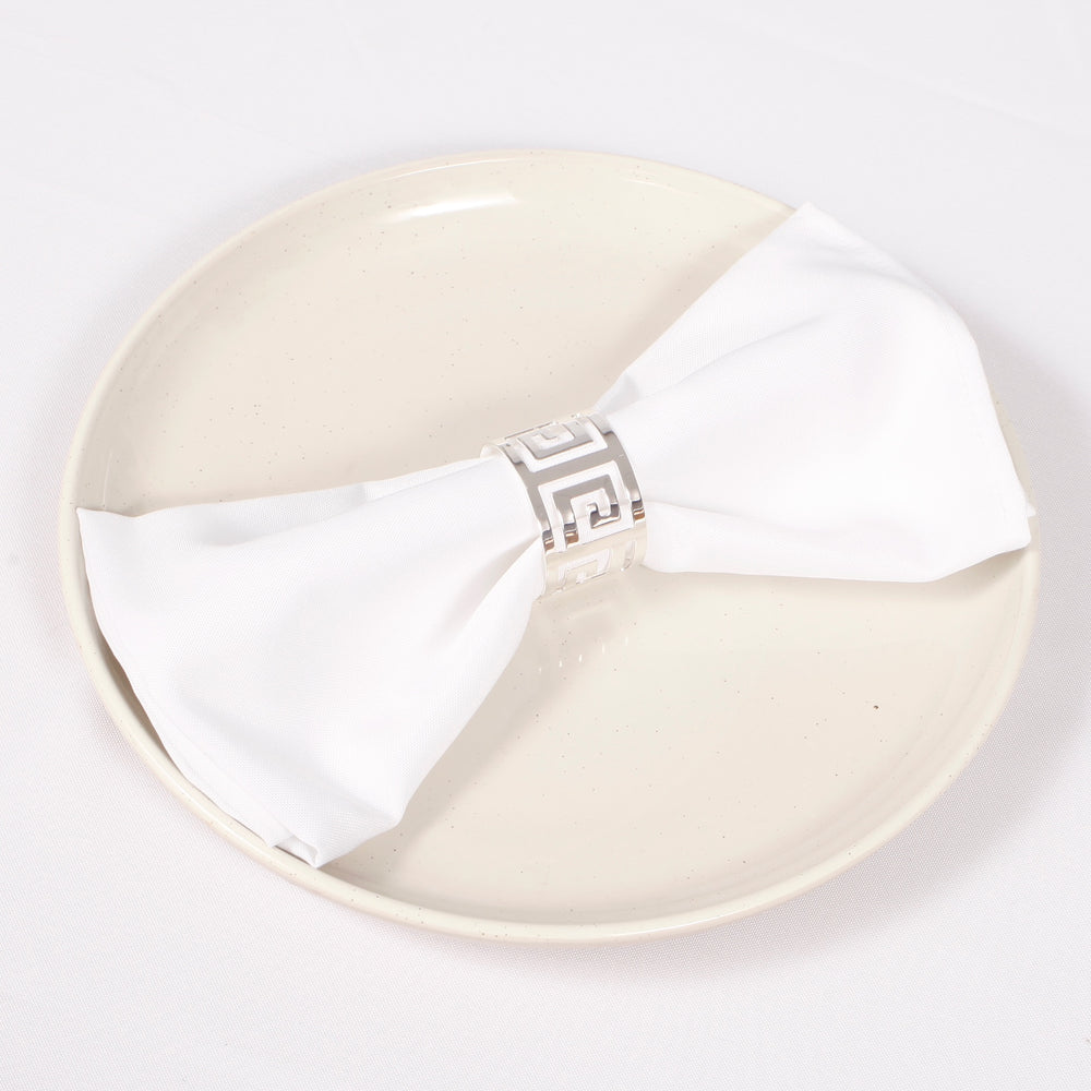 Silver Napkin Ring - Geometric Luxe Meander with napkin on a plate