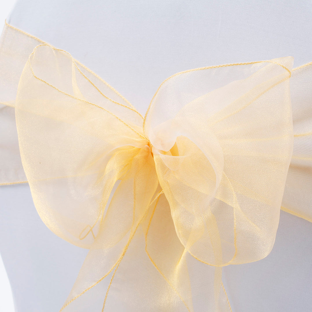 Organza Chair Sash close up view of bow - Gold