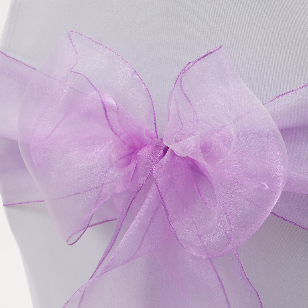 Organza Chair Sash close up view of bow - Lavender