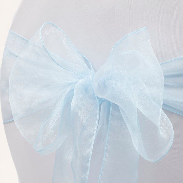 Organza Chair Sash close up view of bow - Light Blue