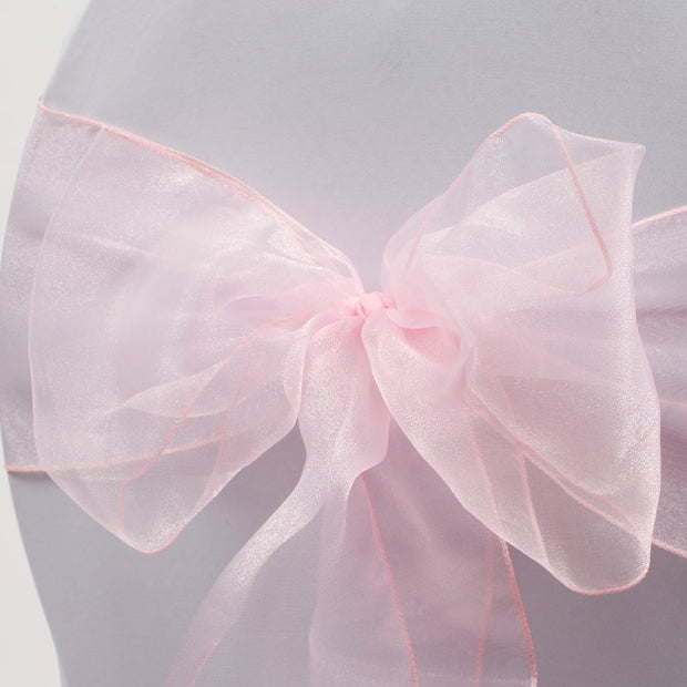 Organza Chair Sash close up view of bow - Light Pink