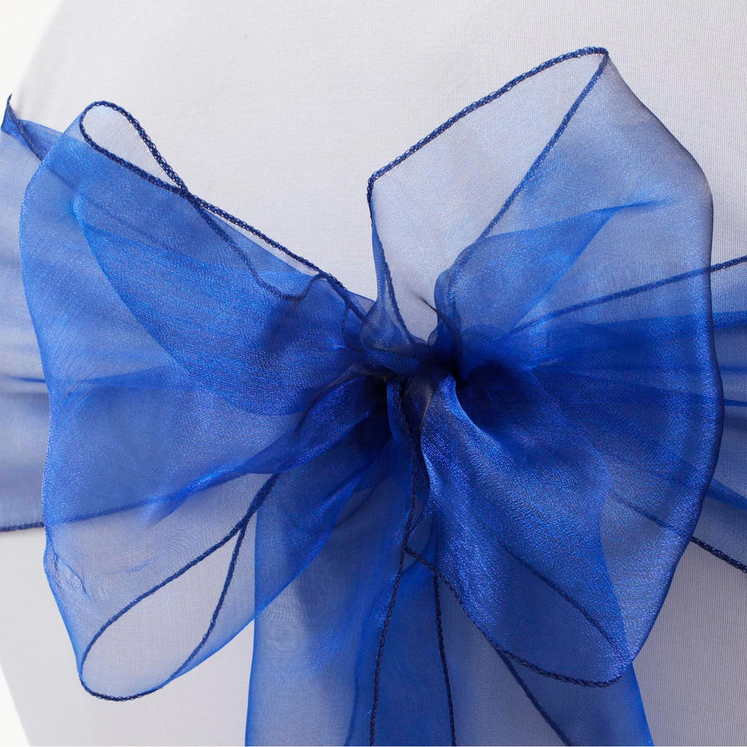 Organza Chair Sash close up view of bow - Navy Blue