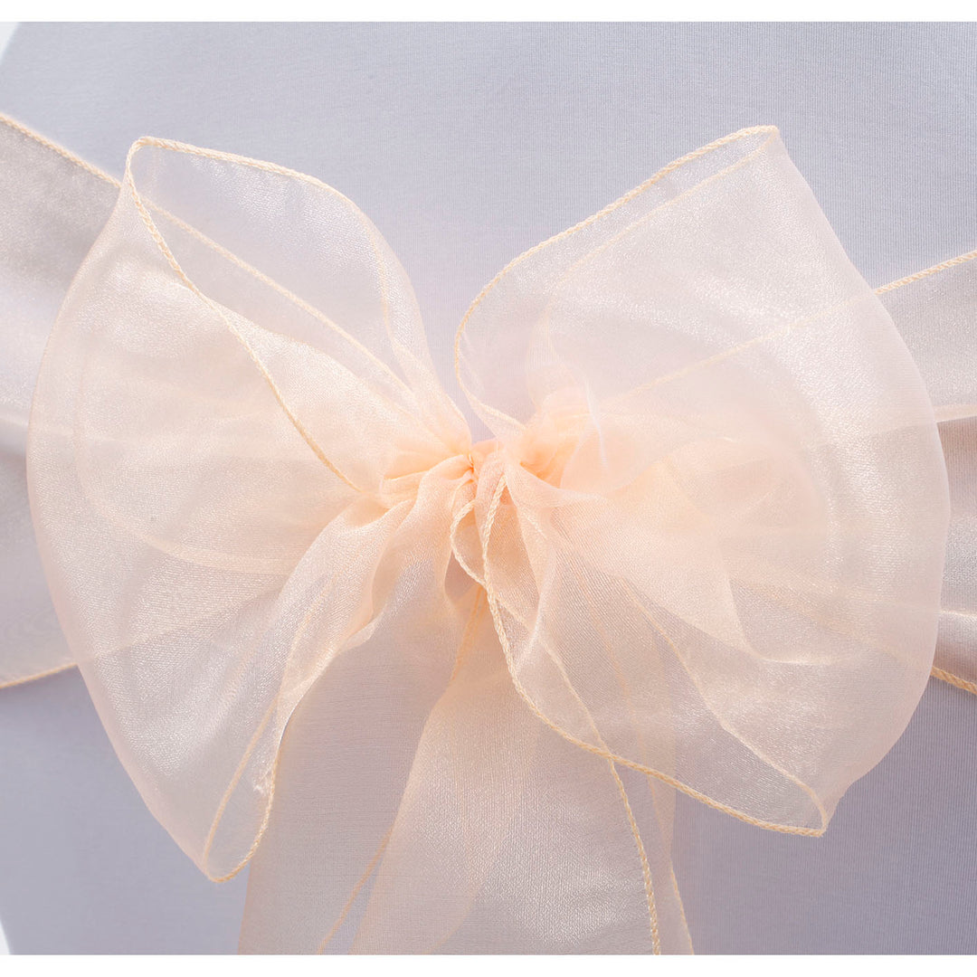 Organza Chair Sash close up view of bow - Peach