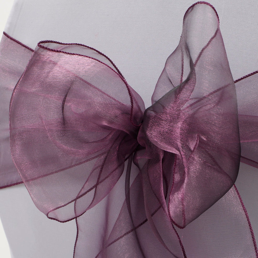 Organza Chair Sash close up view of bow - Plum