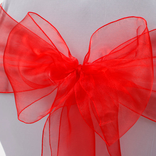 Organza Chair Sash close up view of bow - Red