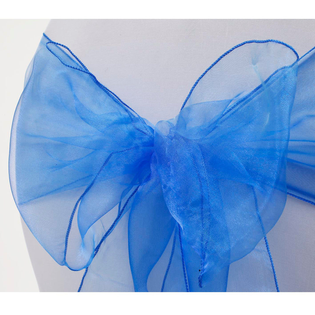 Organza Chair Sash close up view of bow - Royal Blue