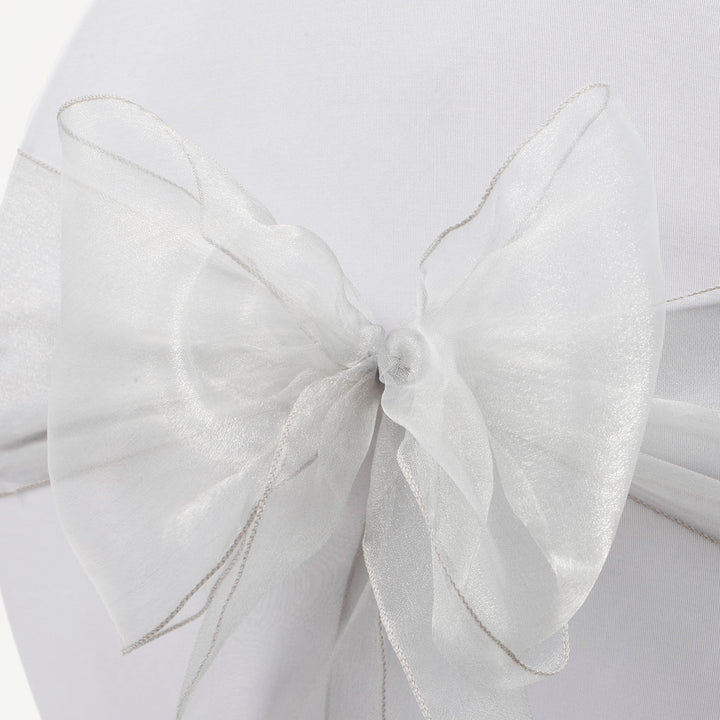 Organza Chair Sash close up view of bow - Silver