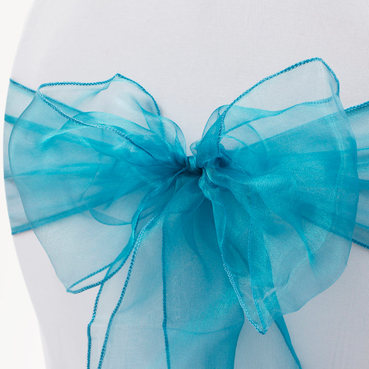 Organza Chair Sash close up view of bow - Teal