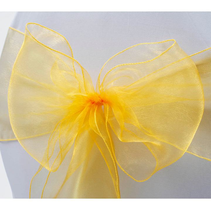 Organza Chair Sash close up view of bow - Yellow