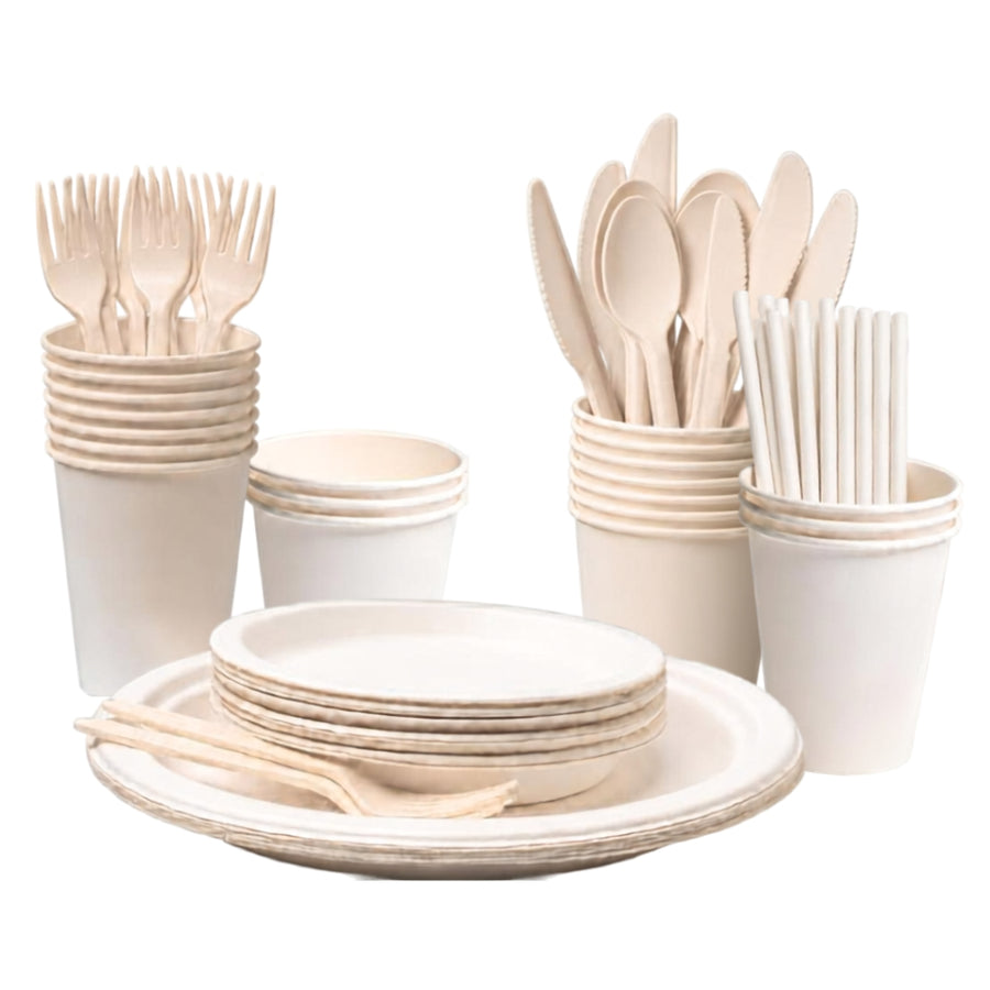 400pc Biodegradable Dinner Set - White - Plates, Cutlery, Napkins, Cups & Straws (50pk))