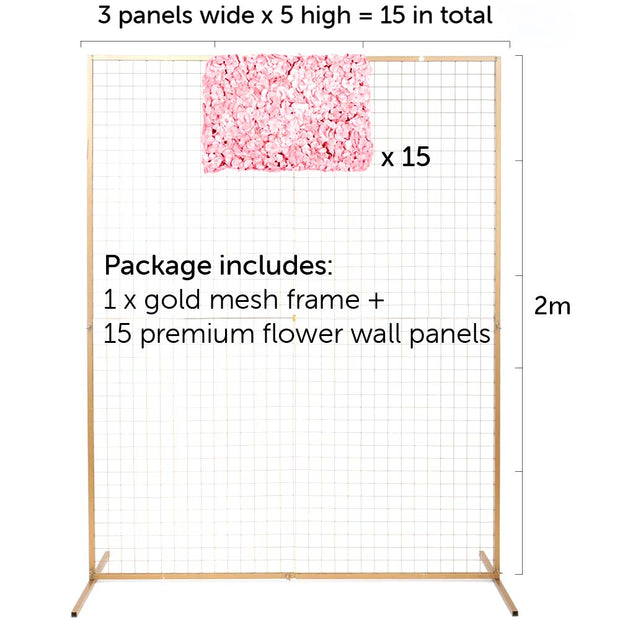 glod mesh frame with 1 flower panel to show for to assemble, 3 panels wide by 5 high