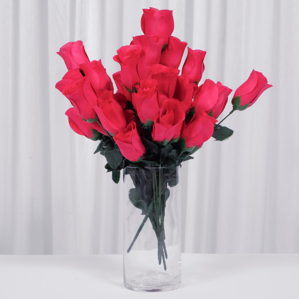 Artificial Silk Premium Rose Bud Bouquet - Hot Pink in vase