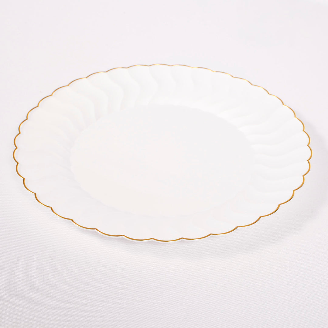 Plastic Dinner Plate - Shell Design White with Gold Trim (26cm) side angle