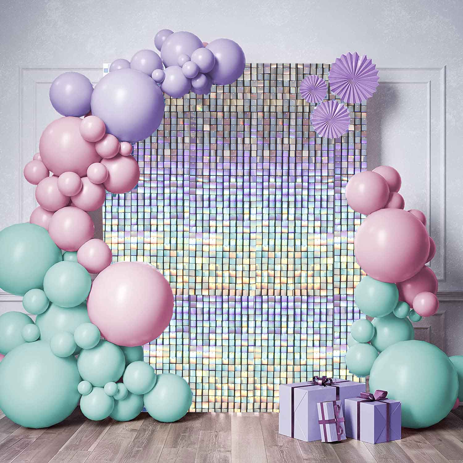 Sequin Shimmer Wall Backdrop & Frame Package - Holographic - party display with balloon garland