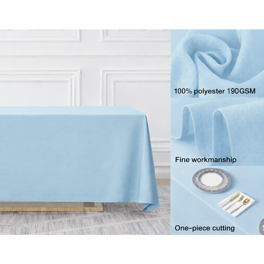 Light Blue Rectangle Polyester Tablecloth Fabric Quality