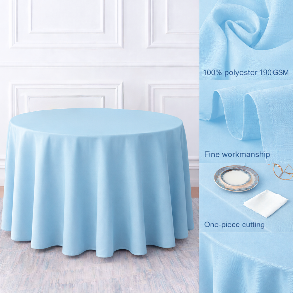 Light Blue Round Polyester Tablecloth Fabric Quality
