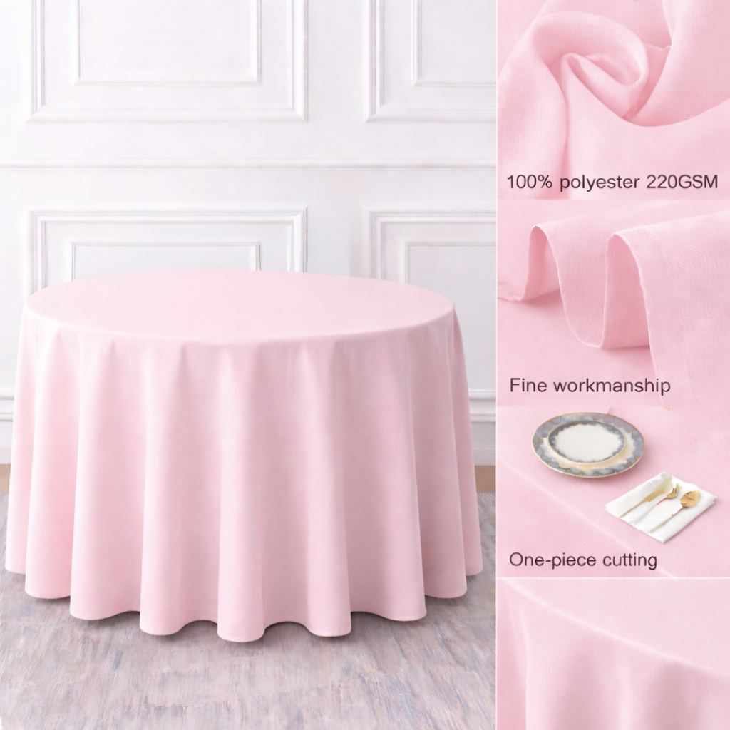 Light Pink Round Polyester Tablecloth Fabric Quality