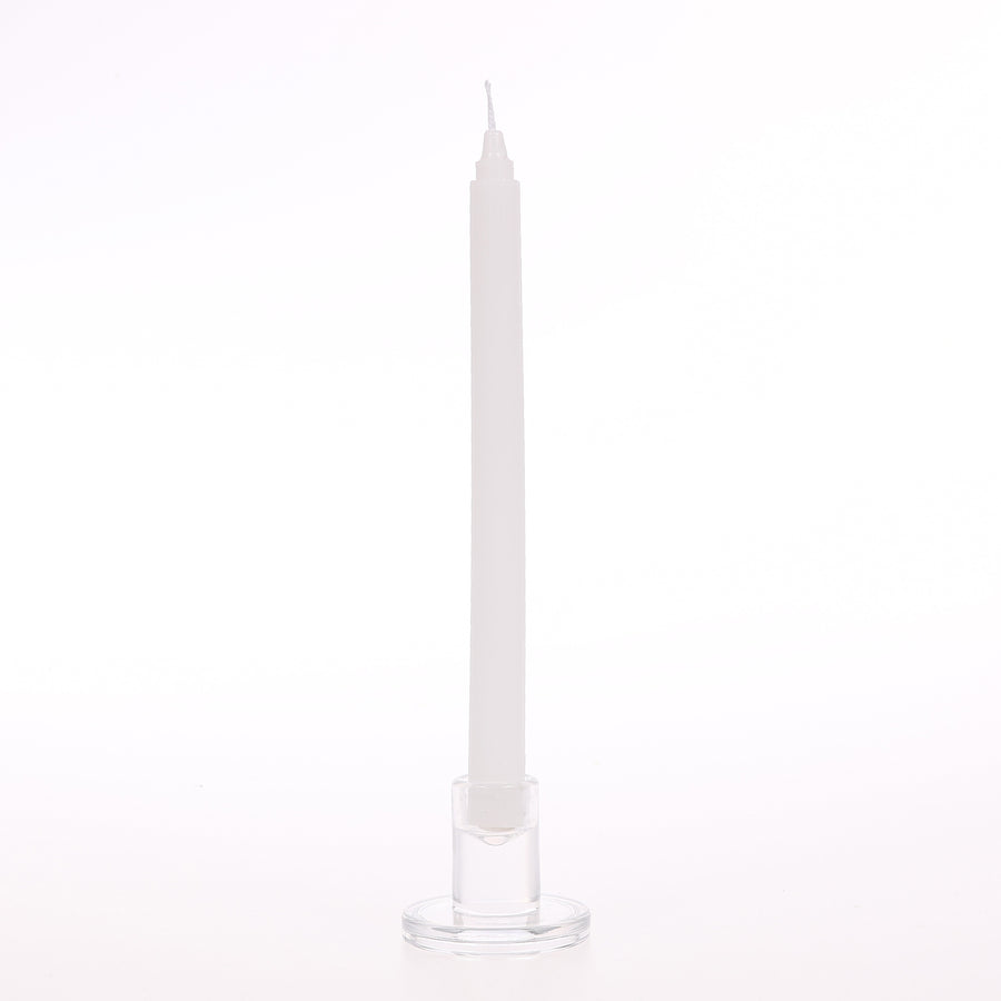 White Ribbed Dinner Taper Candle in Glass holder.