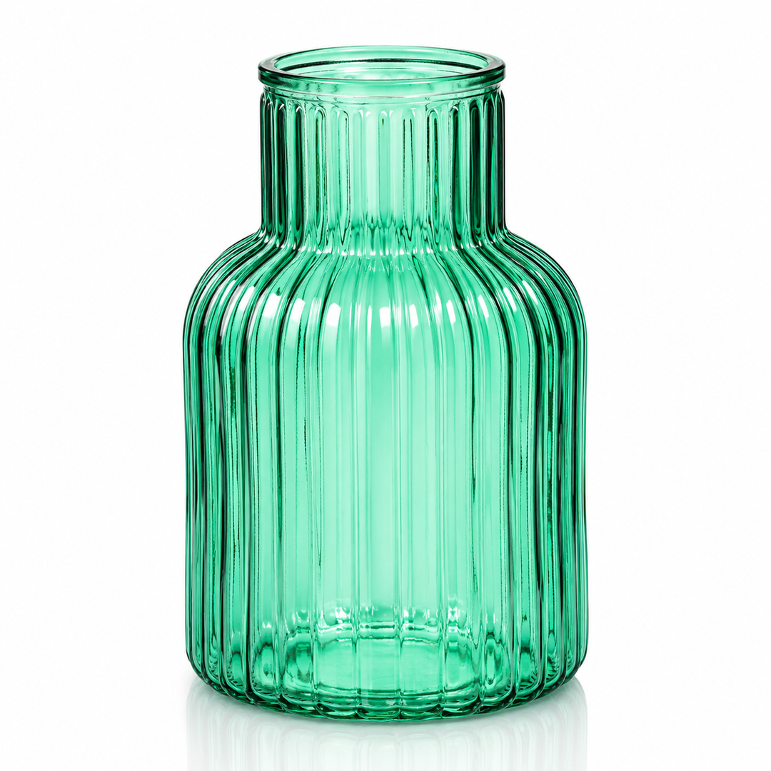 Ribbed Glass Bottle Vase - Turquoise (13x20cm)
