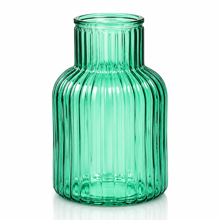 Ribbed Glass Bottle Vase - Turquoise (13x20cm)