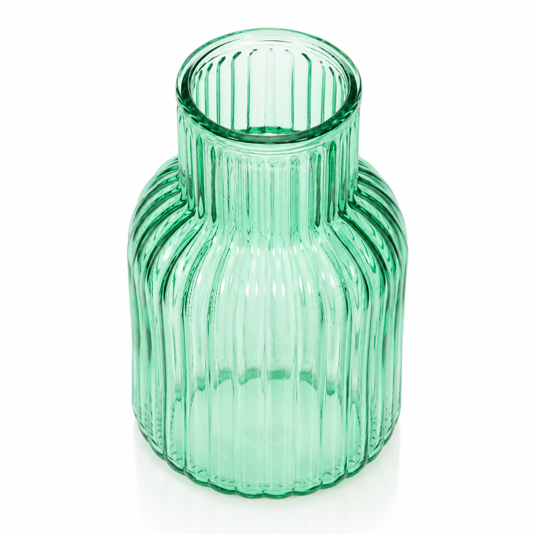 Ribbed Glass Bottle Vase - Turquoise (13x20cm) Top View