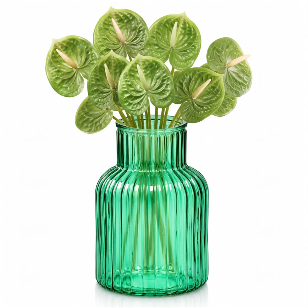 Ribbed Glass Bottle Vase - Turquoise (13x20cm) with Flowers