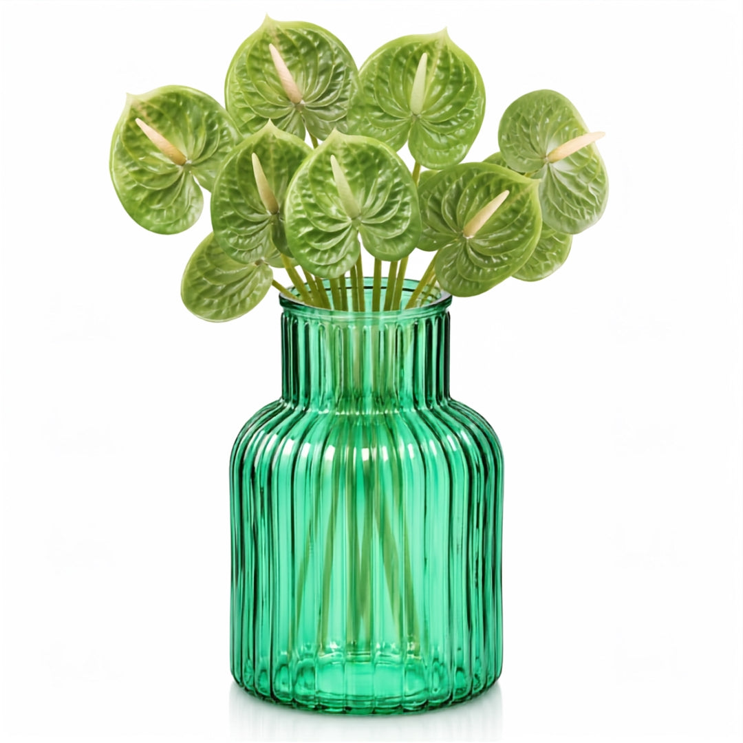 Ribbed Glass Bottle Vase - Turquoise (13x20cm) with Flowers