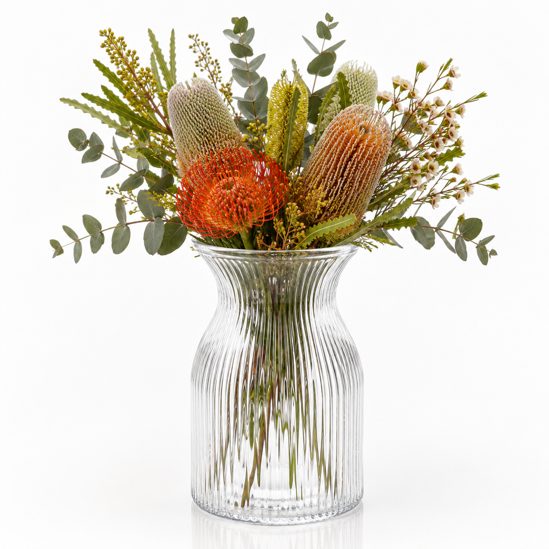 Ribbed Glass Curved Neck Vase - Clear (11.5x19.5cm) with Flowers