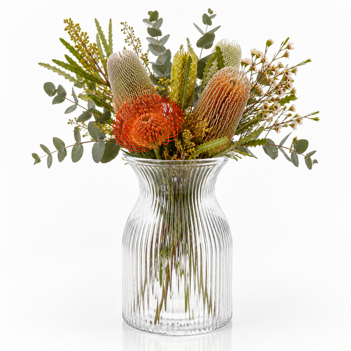 Ribbed Glass Curved Neck Vase - Clear (11.5x19.5cm) with Flowers