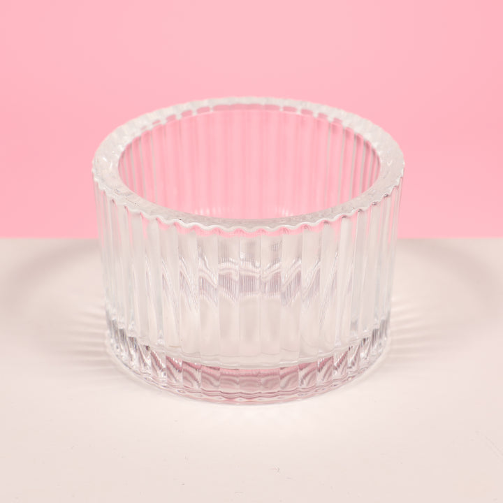 Ribbed Glass Tea Light Candle Holder Close Up