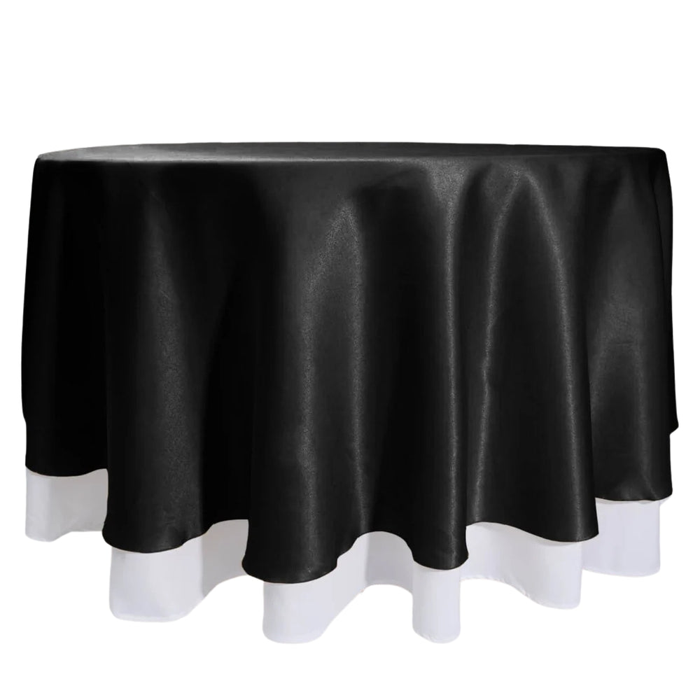 Round Satin Tablecloth Overlay - Black (230cm) over white tablecloth