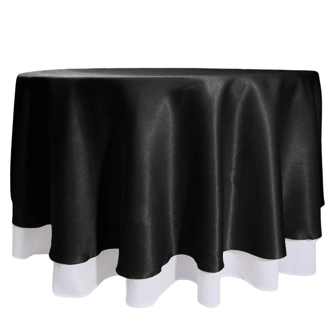 Round Satin Tablecloth Overlay - Black (230cm) over white tablecloth