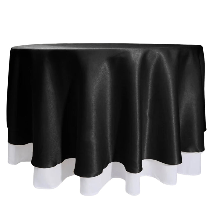 Round Satin Tablecloth Overlay - Black (230cm) over white tablecloth