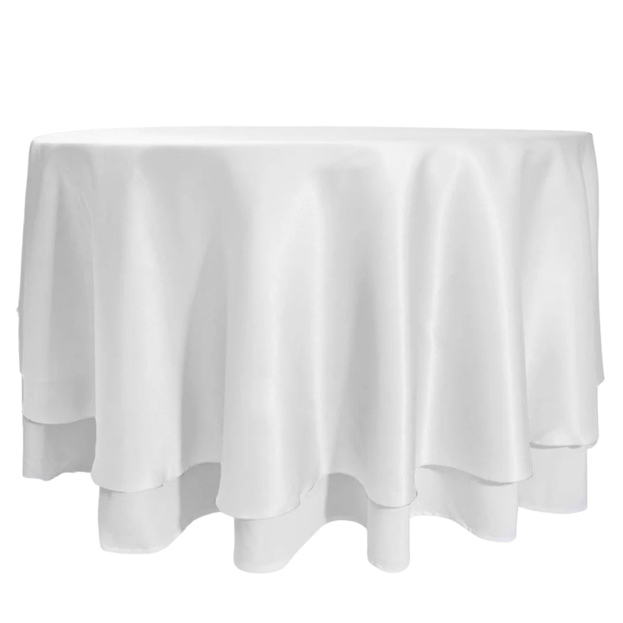 Round Satin Tablecloth Overlay - White (230cm) over white tablecloth