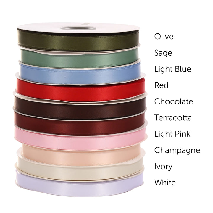 A stack of satin ribbon spools in all available colours, with text labels on the right listing the shades: Olive, Sage, Light Blue, Red, Chocolate, Terracotta, Light Pink, Champagne, Ivory, and White.