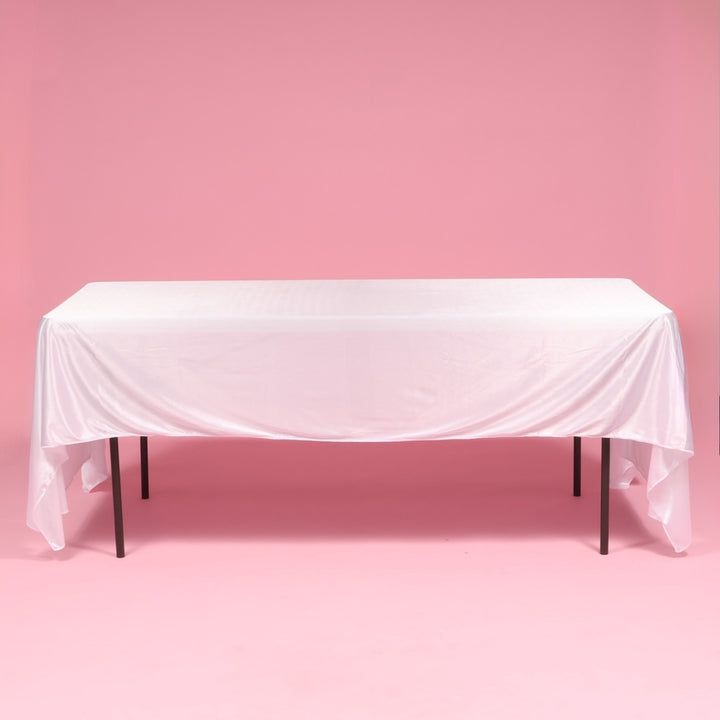 Ice Silk Satin Draping Tablecloth – White (1.5x3m), one single tablecloth laying flat on a 6ft table